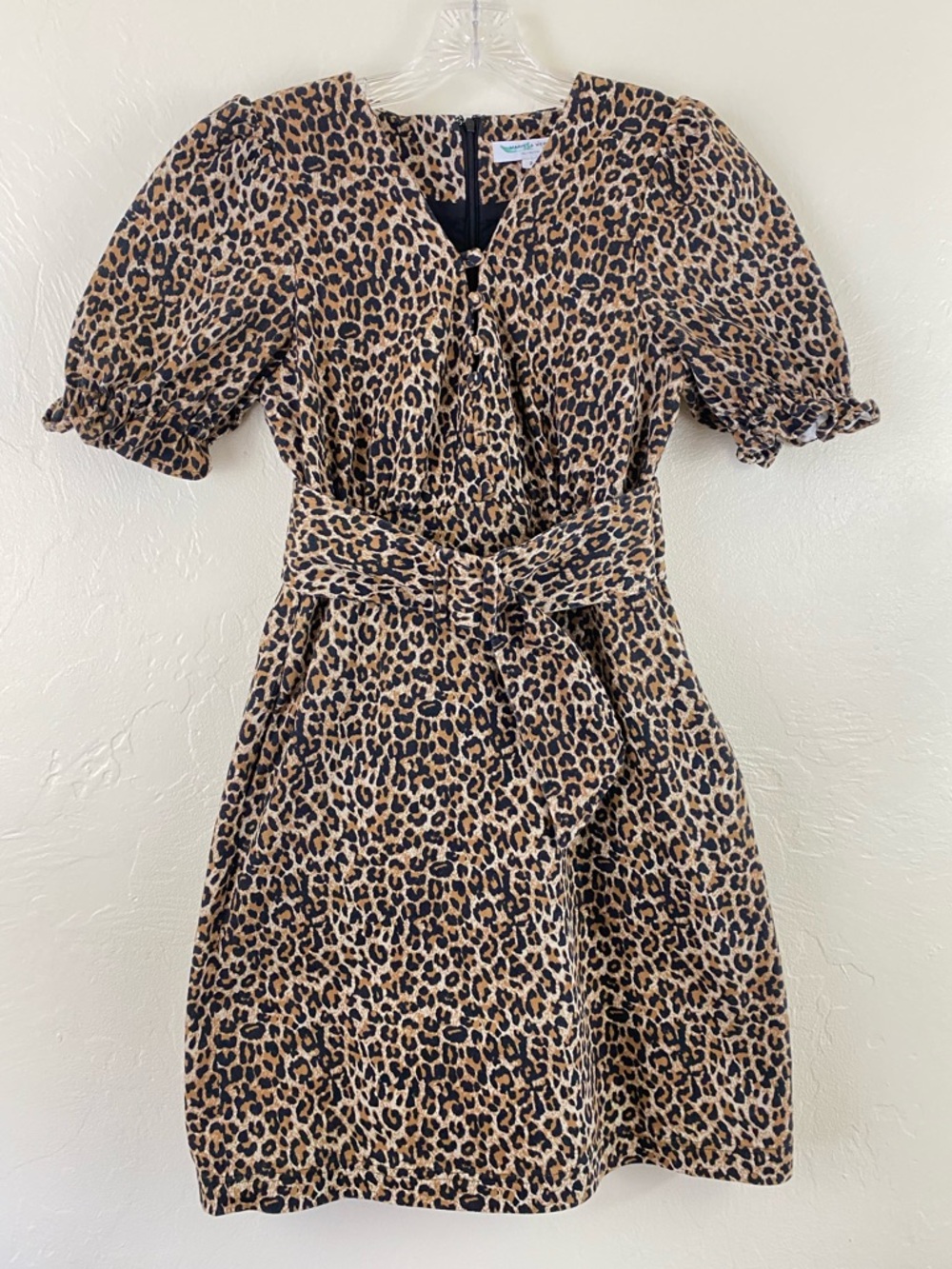Marissa Webb Size 2 Brown Yan Leopard Print Puffy Sleeve Cotton Knit Midi Dress